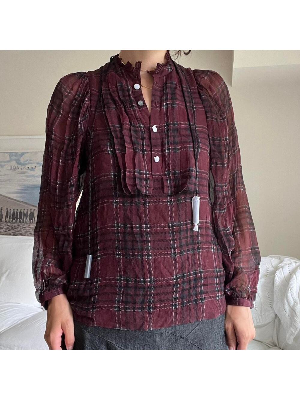 Red plaid 100 silk blouse
